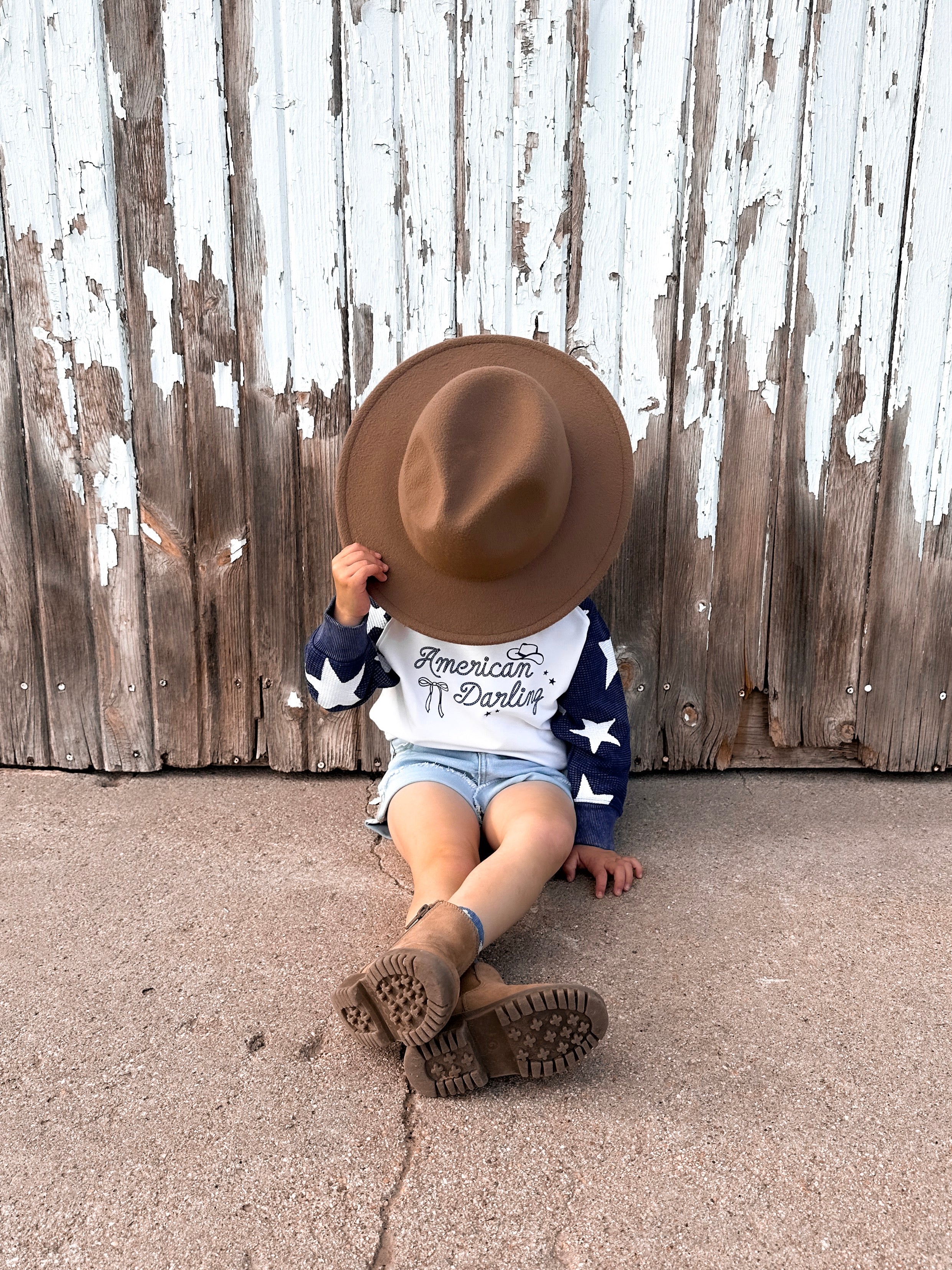 IMPERFECT - American Darling Western Child Waffle Sleeve Crewneck - Navy / White - 2T